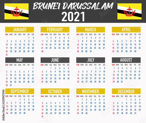 Brunei Calendar with flag. Month, day, week. Simply flat design. Vector illustration background for desktop, business, reminder, planner