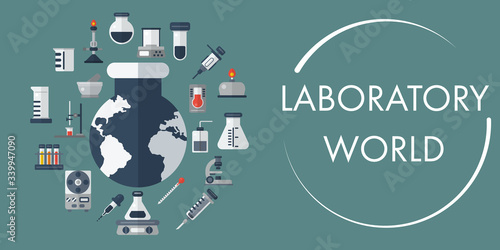 Vector or illustration of concept science and laboratory flat design. Lab equipment around the earth-shaped flask.