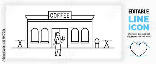 Editable real line icon of a coffee shop building including tables and a sign with a customer stick figure girl walking outside on the street in modern black lines as a eps vector file