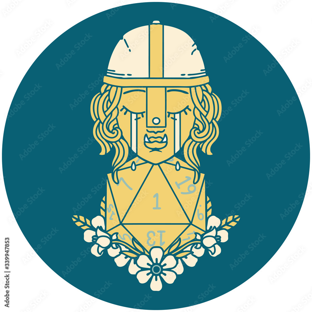 crying orc fighter character with natural one D20 roll illustration crying orc fighter character with natural one D20 roll illustration