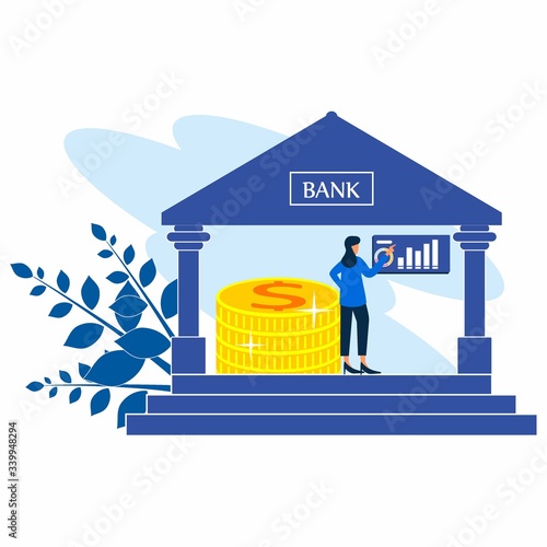 Flat vector illustration, bank building with a blue background, bank financing, money changers, financial services, ATM, distributing money.