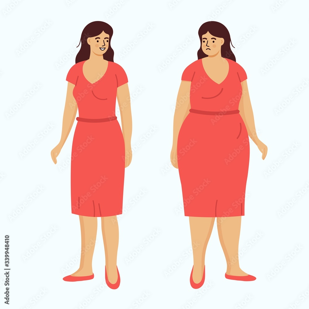 Fat and thin woman in a red dress.Vector illustration in a flat style. Fat and thin woman in a red dress.Vector illustration in a flat style.