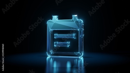 3d rendering wireframe neon glowing symbol of calendar on black background with reflection