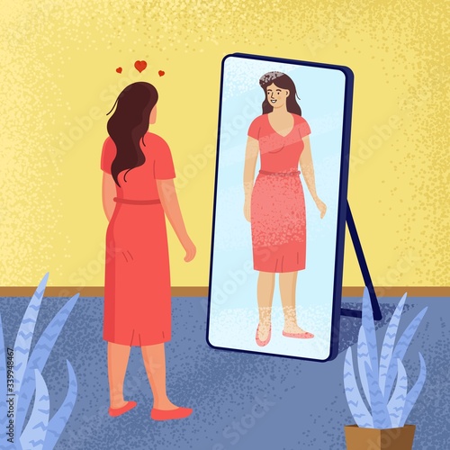 Young woman in a red dress is standing and looking at the mirror. Vector illustration in a flat style.
