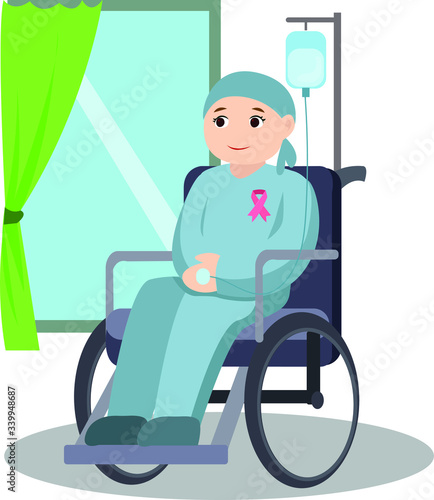 Cancer patient sitting down on wheel chair looking outside the window illustration