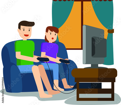 Young man and young woman are playing game together at home photo