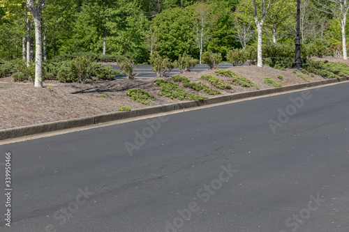 Roadway by parking lot, asphalt with formed concrete curb, trees and bushes landscaping, horizontal aspect