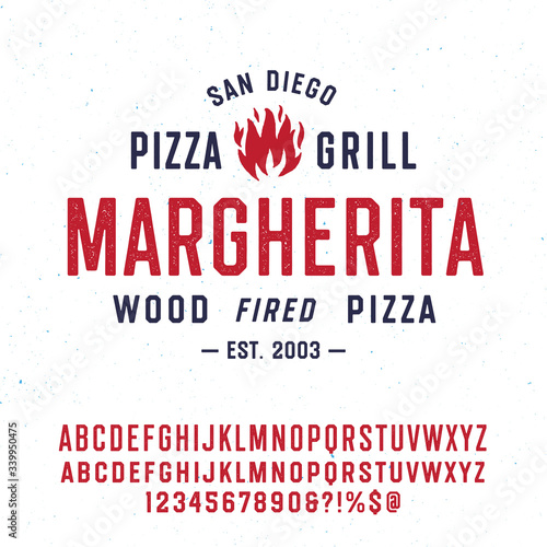 Vintage Textured Typeface "Margherita" And Sample Typographic Emblem Logo Design. Double set of Characters with Different Texture. Fire Vector Illustration. 