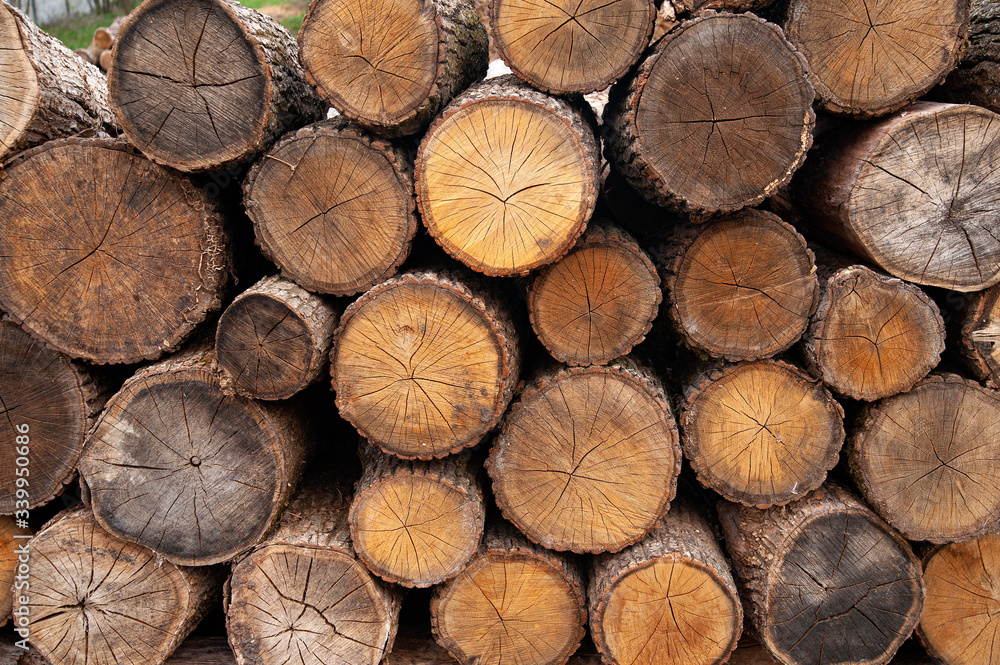 Round sawn logs lie on each other forming a wall. Aged by the time, dirty Round sawn logs lie on each other forming a wall. Aged by the time, dirty