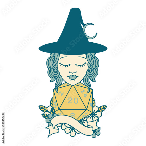 human mage with natural twenty dice roll illustration