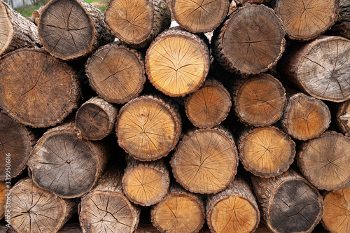 Round sawn logs lie on each other forming a wall. Aged by the time, dirty