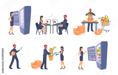 Shopping food from home online via the internet. The full process of safety buying groceries. Coronavirus prevention. A delivery man wears a mask and medical gloves.