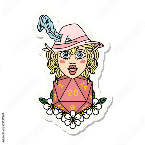 elf bard character with natural twenty dice roll sticker