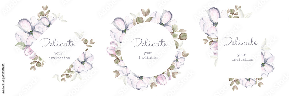 Set of watercolor floral frame with roses, leaves, branches, herbs isolated on a white background. Floral greeting card or invitation