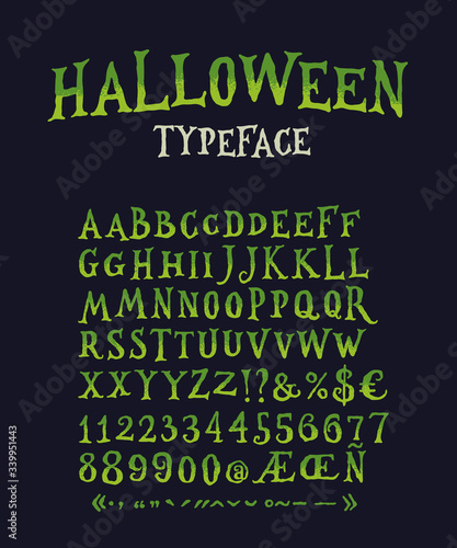 Vintage Halloween Original Typeface. Retro Creepy Style Halloween Font. Vector Illustration. Hand Drawn Halloween Alphabet. 