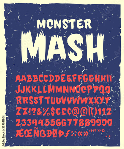 Vintage Hand Drawn Typeface "Monster Mash". Retro Styled Halloween Font. Cute and Spooky Lettering. Inspired by Old Comic Books and Scary Movie Posters. Vector Illustration