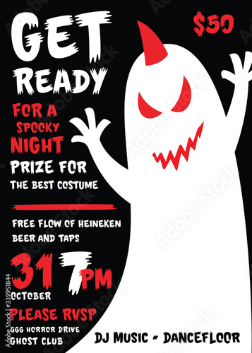 Vintage Hand Drawn Halloween Poster, Card, Invitation, Flyer Design. Ghost Vector Illustration. Holiday Halloween Party Banner. 