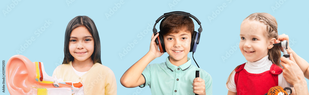 Children hearing exam and treatment. Mixed race group of children has hearing diagnostic.Audiometry, ear test with otoscope Children hearing exam and treatment. Mixed race group of children has hearing diagnostic.Audiometry, ear test with otoscope