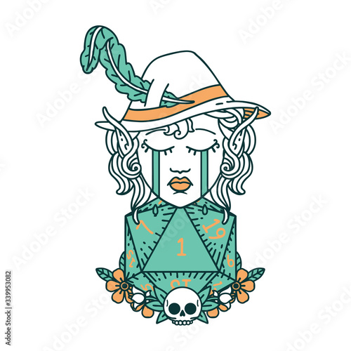 crying elf bard character with natural one D20 roll illustration