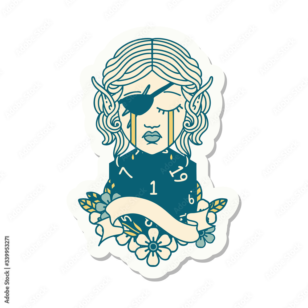 crying elf rogue character face with natural one D20 roll sticker crying elf rogue character face with natural one D20 roll sticker