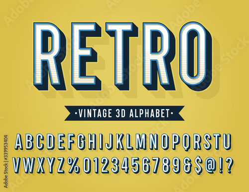 Vintage Retro 3D Sans Serif Striped Condensed Alphabet. Retro Typography. Vector Illustration.