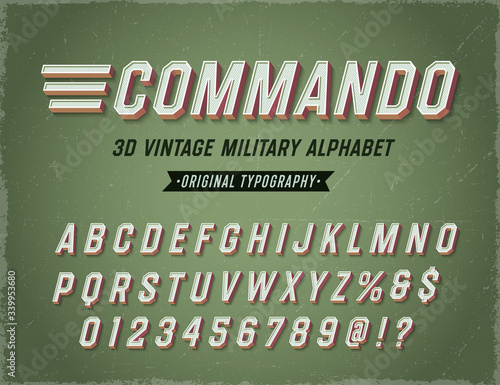 'Commando' Vintage Retro 3D Military Alphabet. Army Font. Original Athletic Department Typeface. Retro Typography. Vector Illustration.