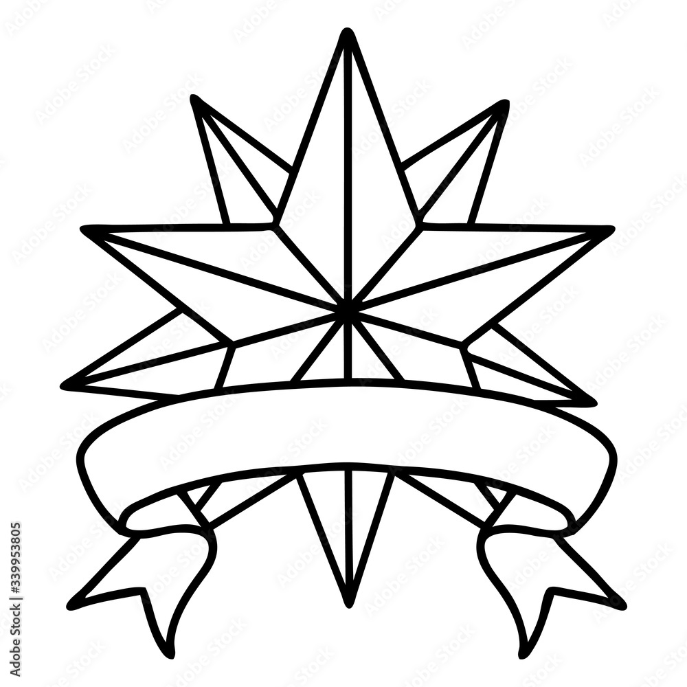 black linework tattoo with banner of a star black linework tattoo with banner of a star
