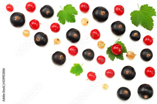 mix of red currant and black currant with green leaf isolated on a white background. healthy food. top view