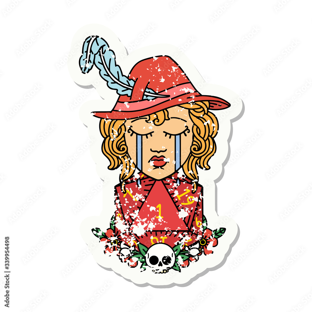 crying human bard with natural one D20 dice roll grunge sticker crying human bard with natural one D20 dice roll grunge sticker