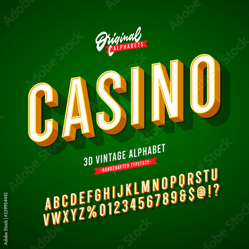'Casino' Vintage 3D Sans Serif Condensed Alphabet with Rich Colours. Retro Typography. Gambling Font. Vector Illustration.