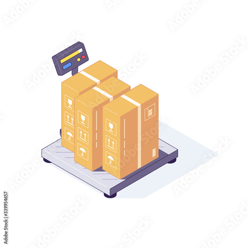 Isometric warehouse carton boxes freights goods packages on scales. 3d box scale vector illustration
