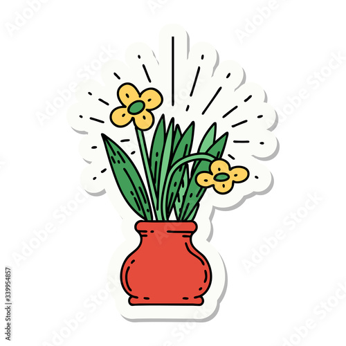 sticker of tattoo style flowers in vase