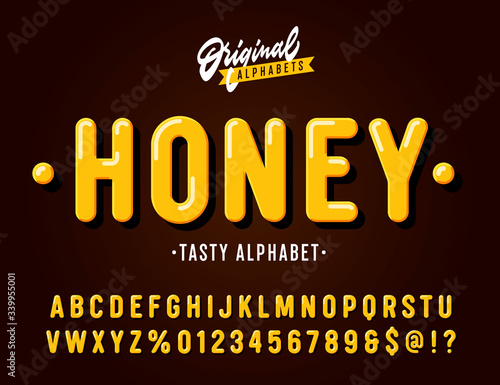 'Honey' Vintage Sans Serif  Rounded Alphabet. Retro Typography Font with Rich Colours and Juicy Tasty Look. Vector Illustration.