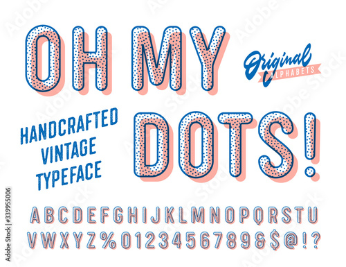 'Oh my Dots' Vintage Funny textured Sans Serif Rounded Alphabet with Offset Printing  Effect. Retro Font Typography. Vector Illustration. photo