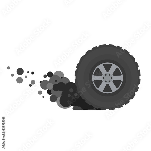 Tire of car. Speed and racing. Cartoon flat illustration. Gray smoke from wheel