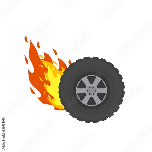 Burning wheel of car. Flames on tire. Symbol of speed and racing. Technical problems and accident. Fire on road.