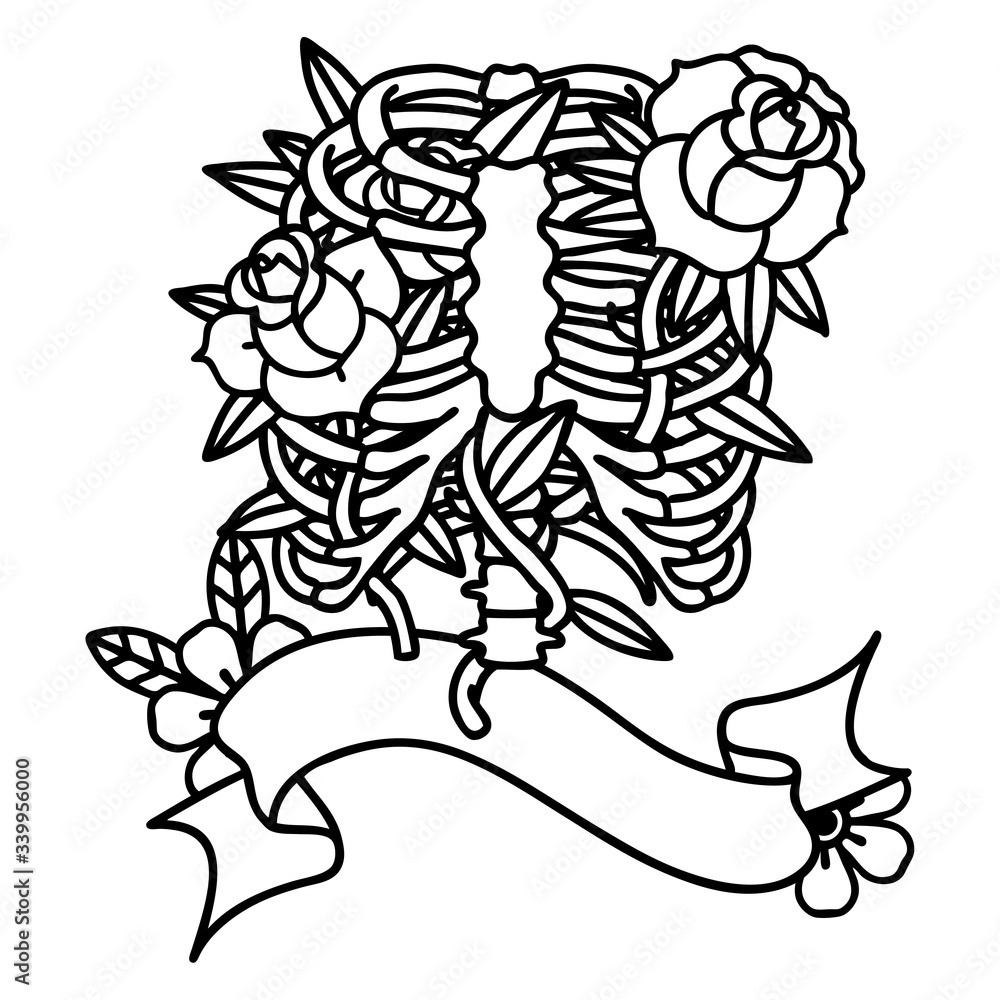 Fototapeta premium black linework tattoo with banner of a rib cage and flowers