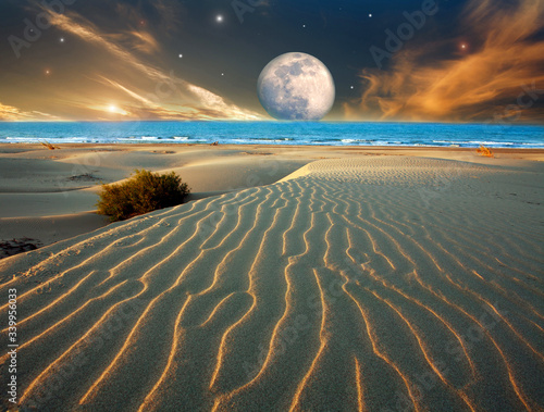 Fictional fantasy landscape view of surface another planet, on background sky and satellite, possible worlds exoplanet in space of universe cosmos photo