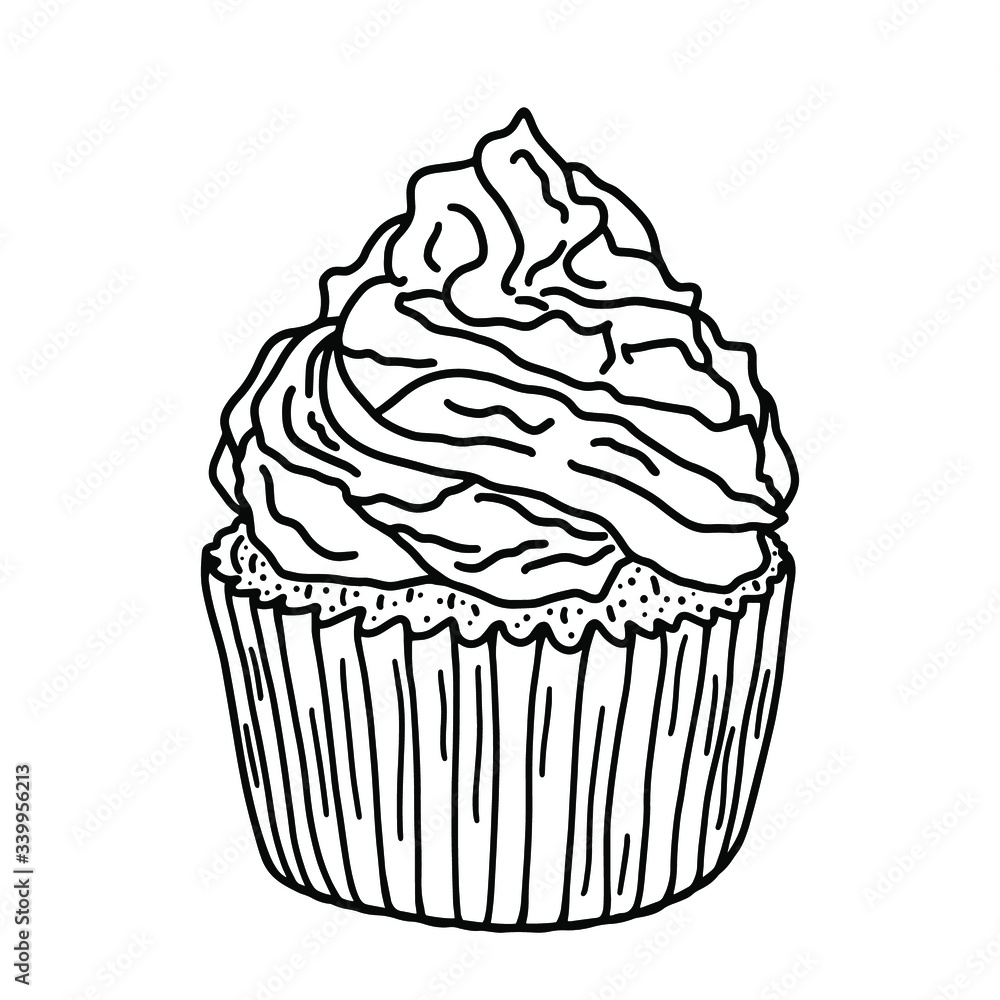 Appetizing single cupcake with cream decoration close-up. Black and white vector illustration of a cupcake with cream on a white background. Single hand drawn object for print, menu, postcards.

