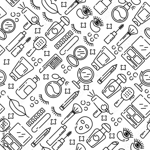 Vector cosmetics and beauty icons in trendy linear style - set beauty salon for women. Seamless pattern.