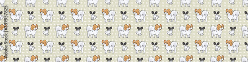 Hand drawn cute papillon dog and puppy breed seamless border pattern. Purebred pedigree domestic dog background. Dog lover fluffy pet washi ribbon. Kennel pooch EPS 10. 