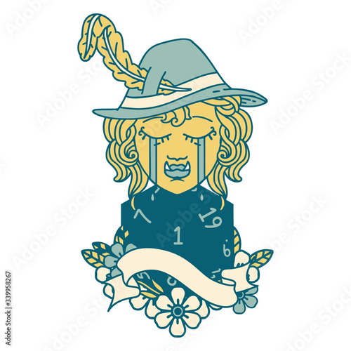 crying orc bard character with natural one D20 roll illustration