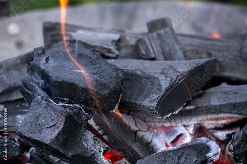 Fire burning in a fireplace. Charcoal and BBQ season.
