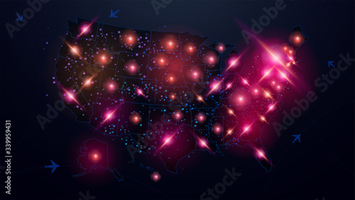 Heat map of the spread of coronavirus infection in the United States in digital style. Heat map of coronavirus in the United States.