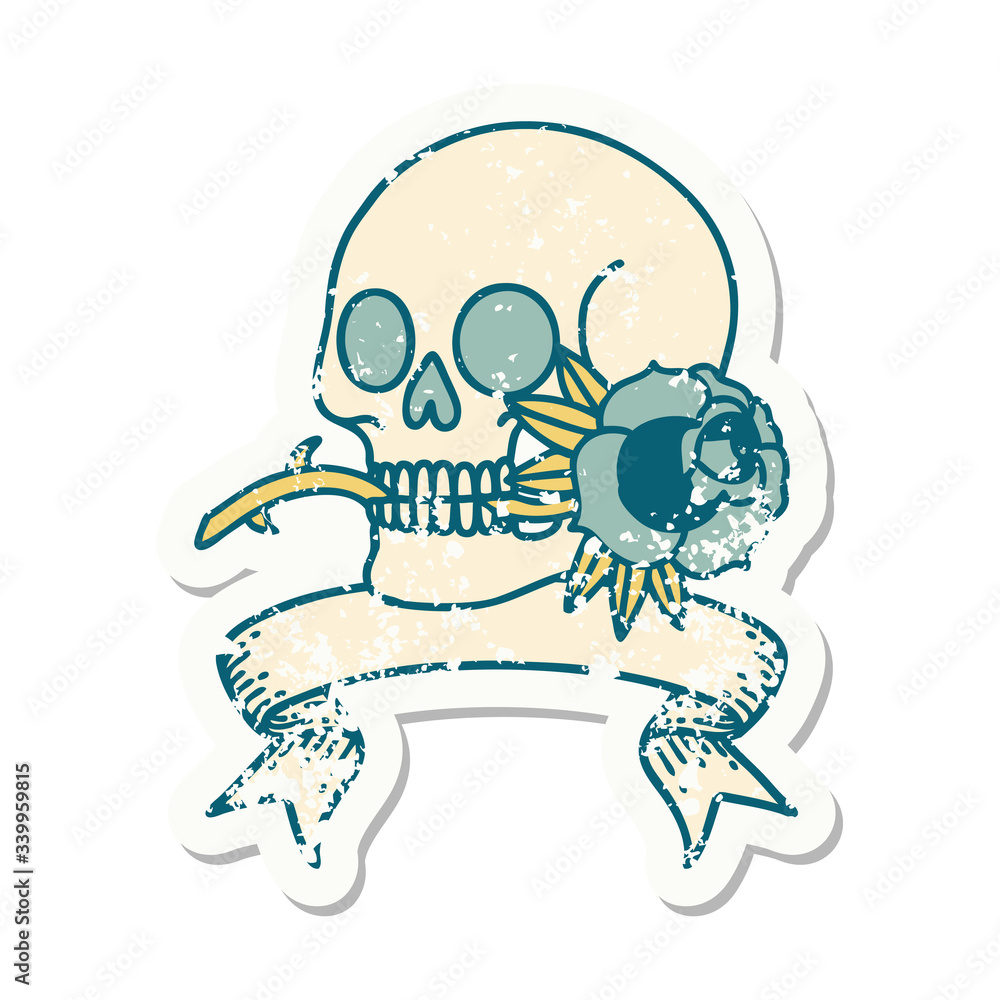 grunge sticker with banner of a skull and rose grunge sticker with banner of a skull and rose