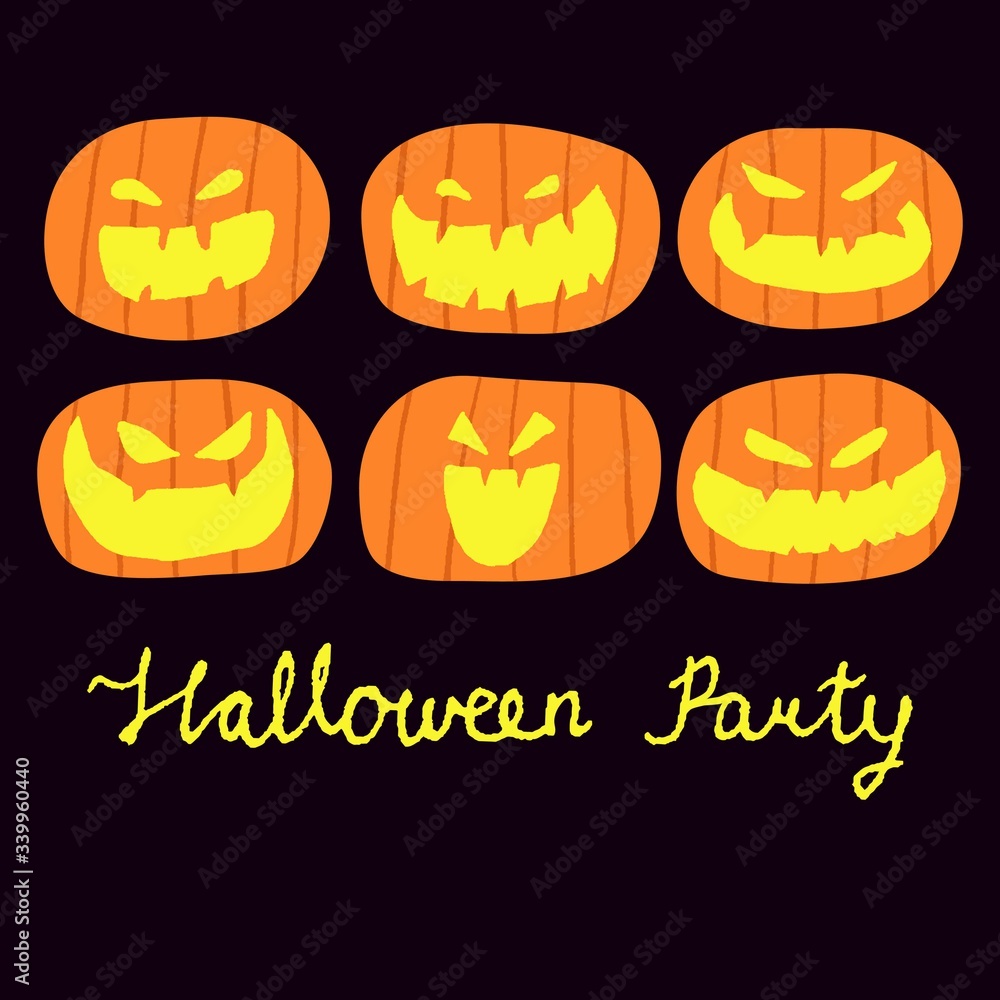 Halloween Party sign. Scary evil pumpkins grinning. Lantern Jack isolated on dark background. Creative design for card, poster, banner, flyer. Hand drawn party invitation. Stock vector illustration. Halloween Party sign. Scary evil pumpkins grinning. Lantern Jack isolated on dark background. Creative design for card, poster, banner, flyer. Hand drawn party invitation. Stock vector illustration.