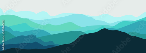Panorama vector illustration of mountain ridges. Atmospheric perspective.