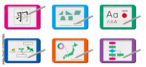 小学生の学習用タブレット端末のイラストセット。国語、算数、理科、社会、英語、プログラミング