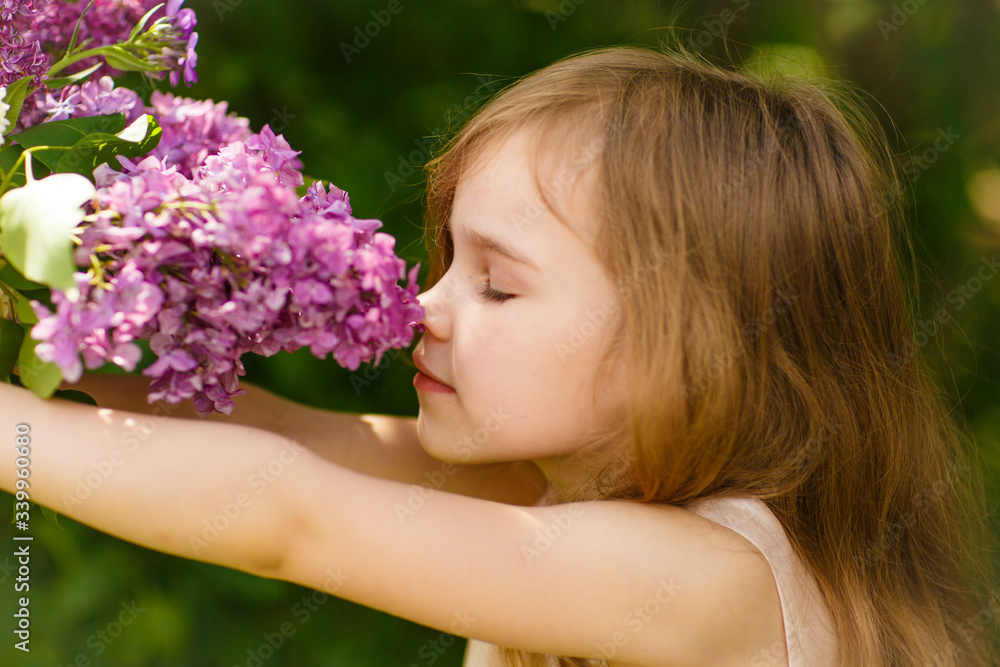 small girl near lilac flowers snuff bouquet small girl near lilac flowers snuff bouquet