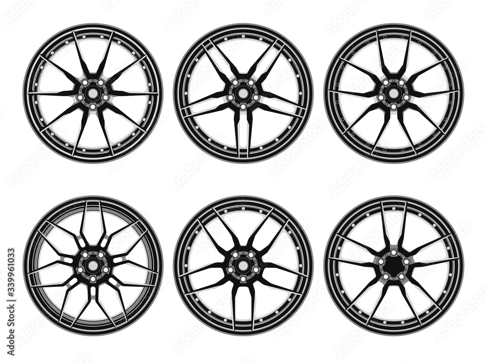 Set of car wheel disks, isolated on white background. Rims set collection on the white background. Car wheels set. Vector